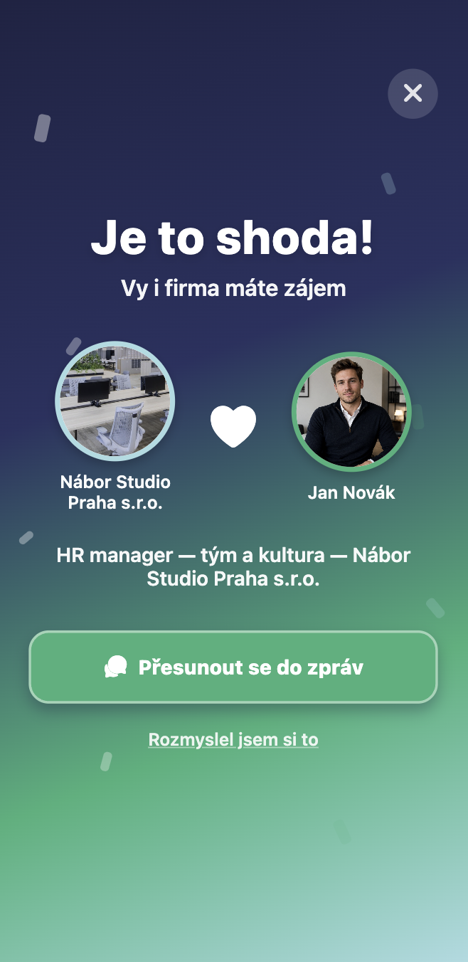 Obrazovka vzájemné shody s firmou v aplikaci Jinde