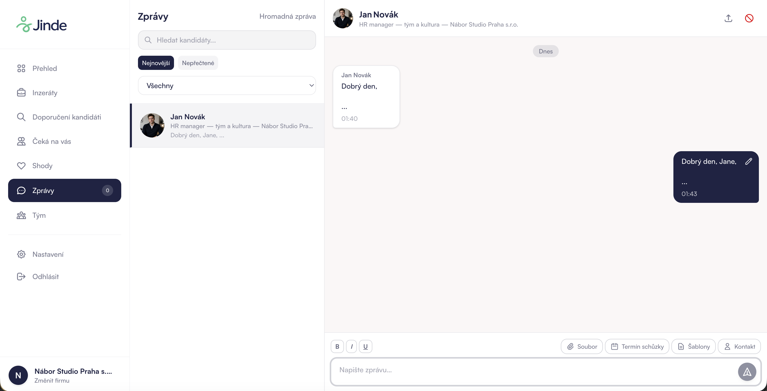 Chat firmy s kandidátem v aplikaci Jinde